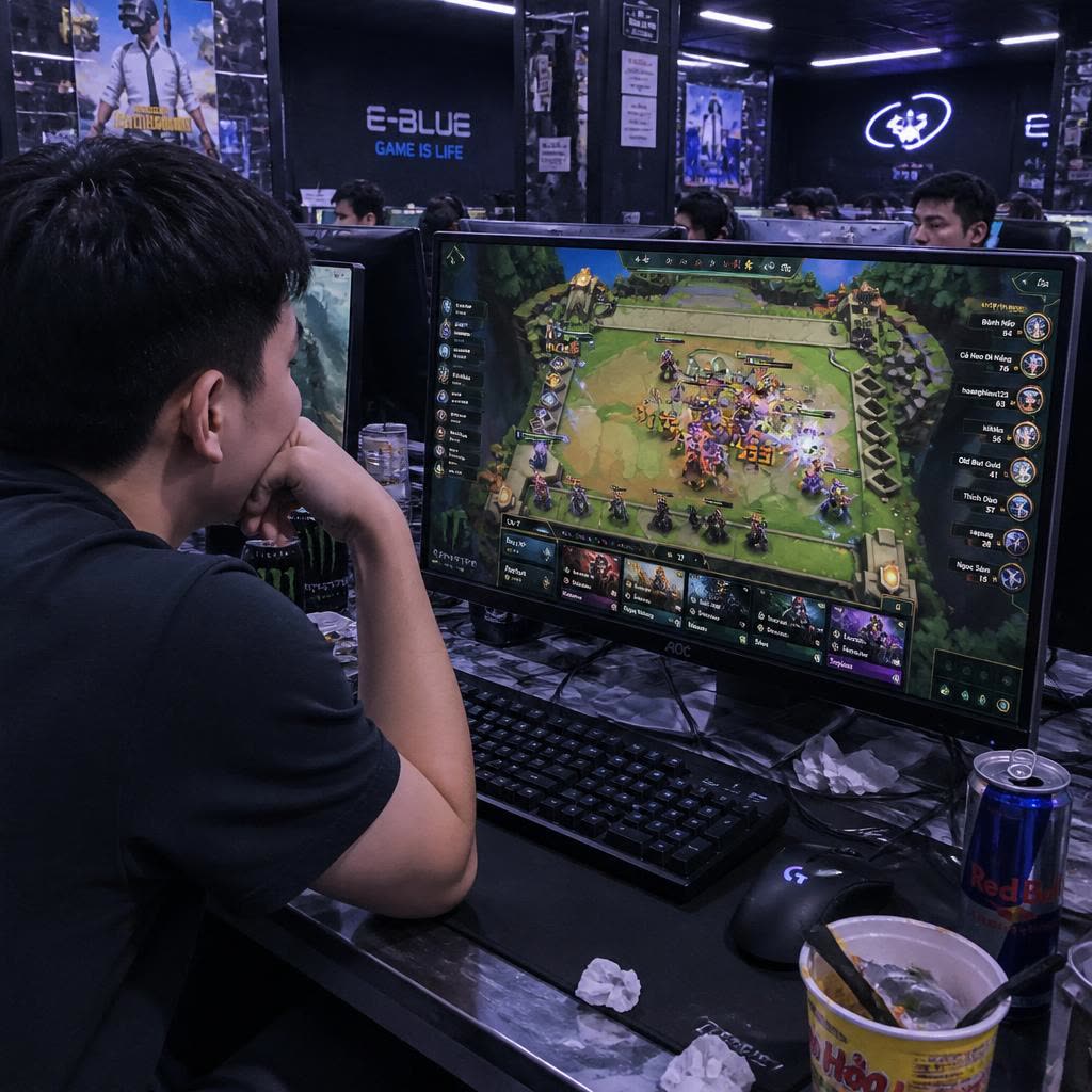 A player seen from behind, headset on, focused on his monitors in a dimly lit station — the quiet, heads-down side of the club