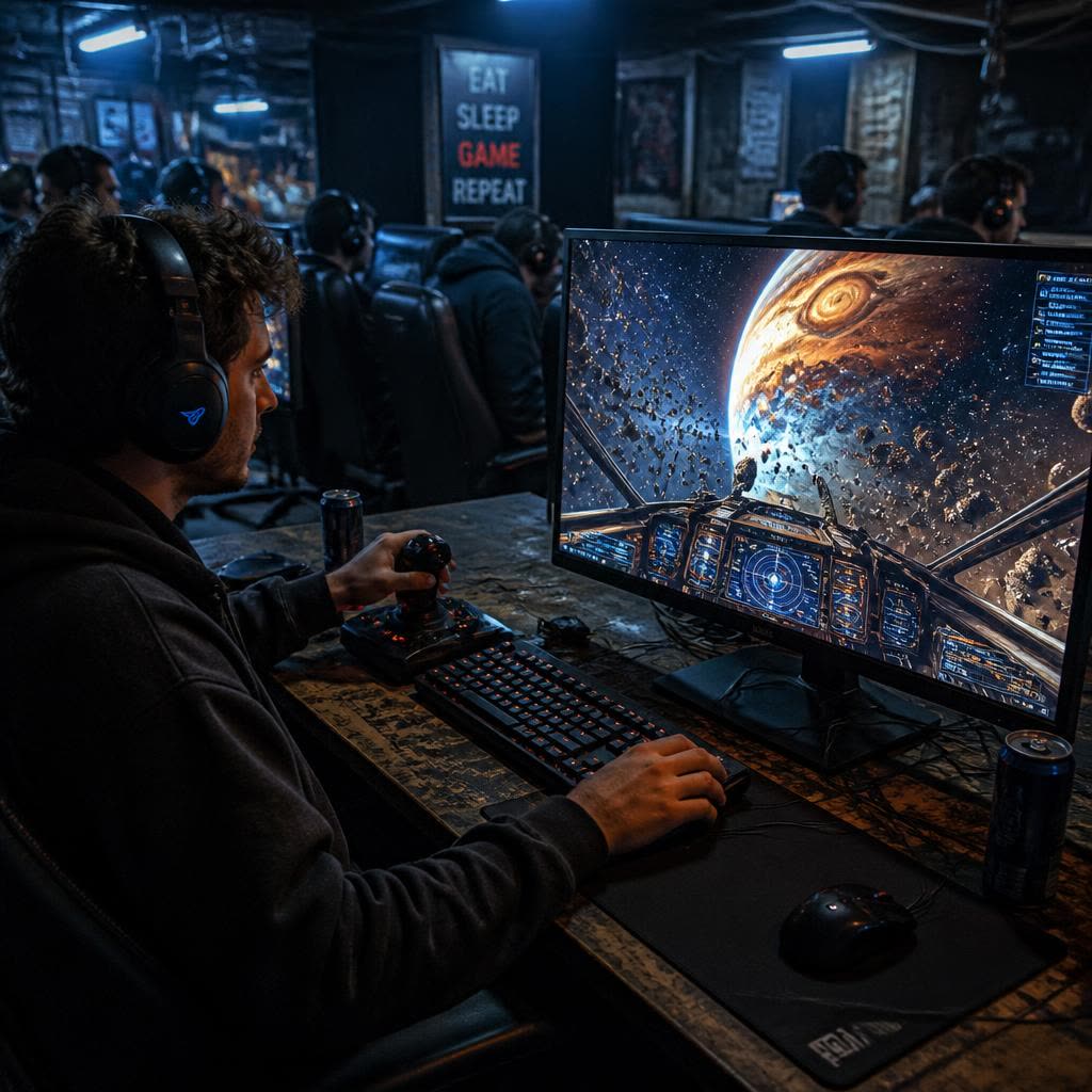 A smiling player in a headset lit by the blue and purple glow of his monitors in a dark booth